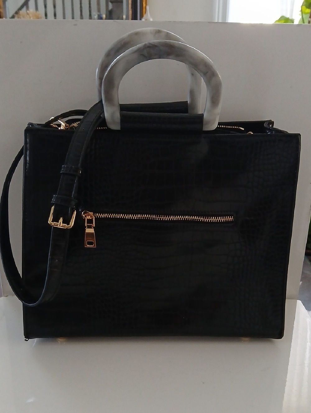 Urban Expressions Black Croc-Embossed Satchel with Marble-Effect Handles